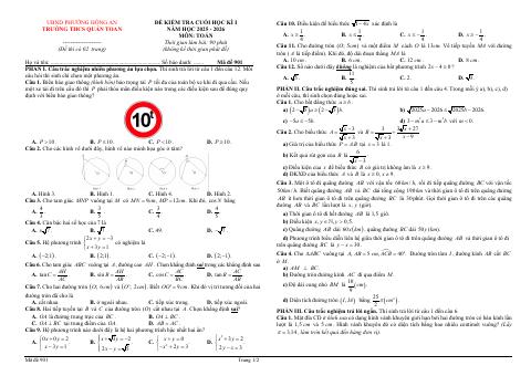 Đề thi Học kì 1 Toán 9 năm 2025-2026 trường THCS Quán Toan (Hải Phòng)